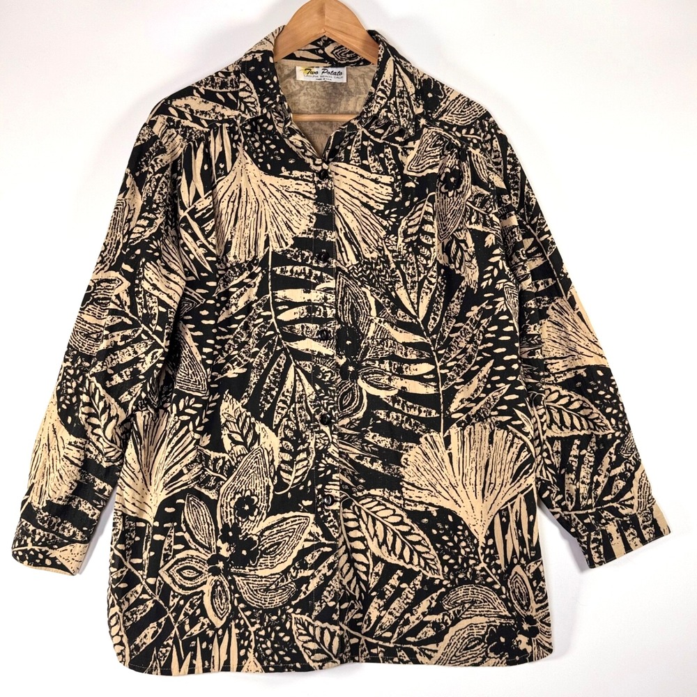 Two Potato Laguna Beach Top Womens Large Tan Black Tropical Floral  Coastal USA